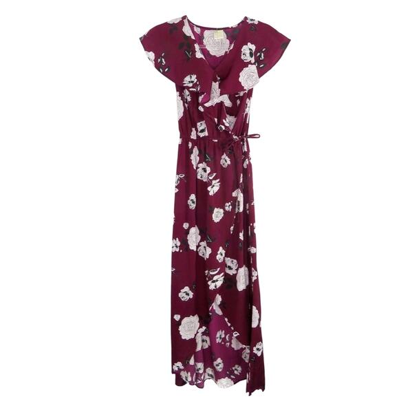 Japna Burgundy Floral Wrap Maxi Dress XS Sundress Short Sleeve Cute - Picture 1 of 5